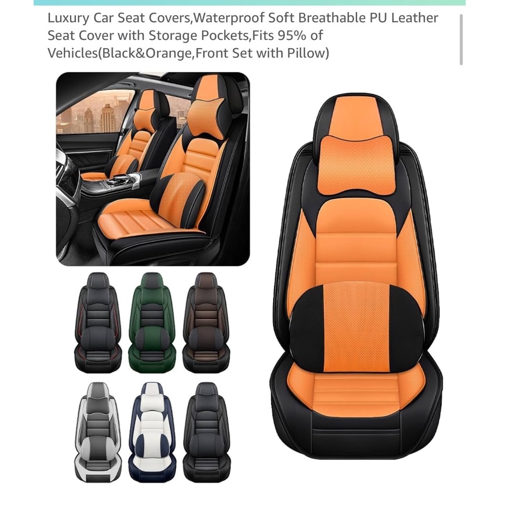 Luxury Car Seat Covers Waterproof Leather Breathable Front Rear Black Orange